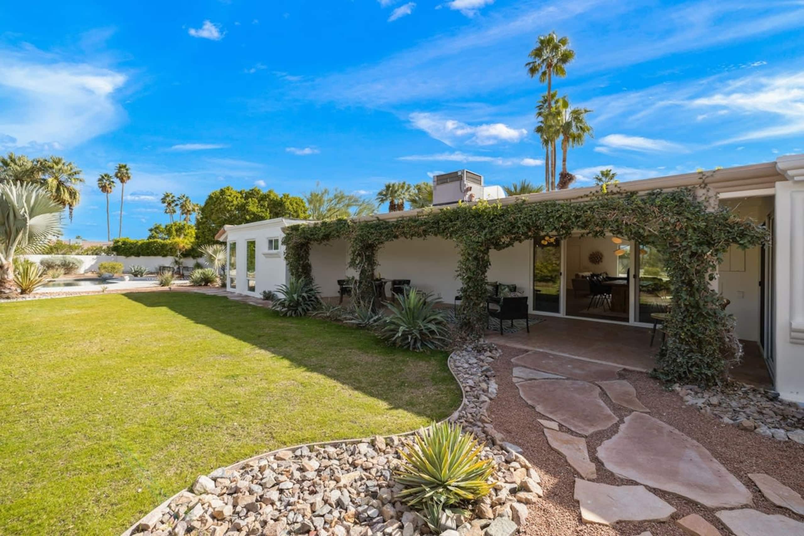 Backyard lawn with palms and mountains
