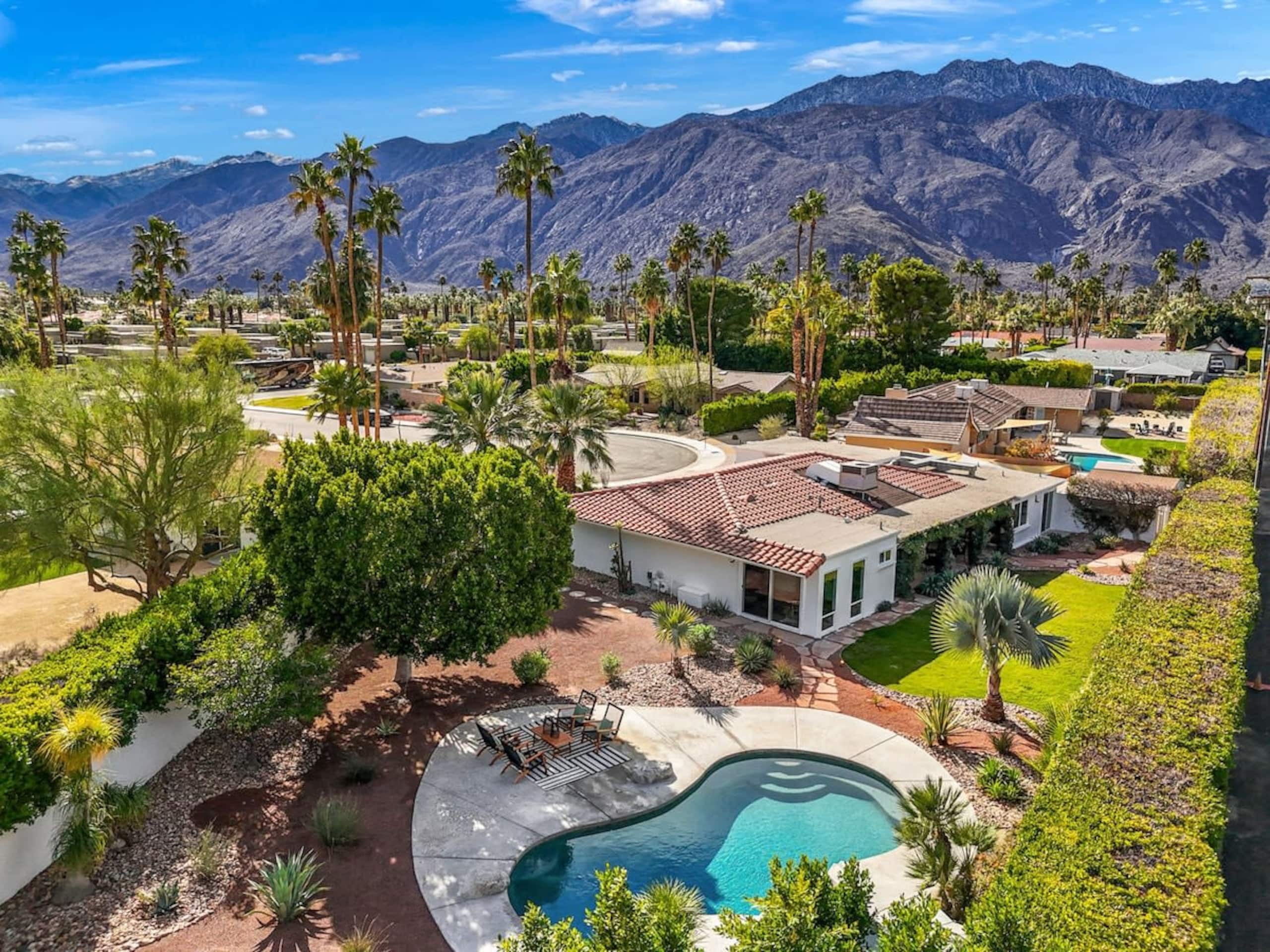 Aerial view of Maison de Vie against the San Jacinto mountains
